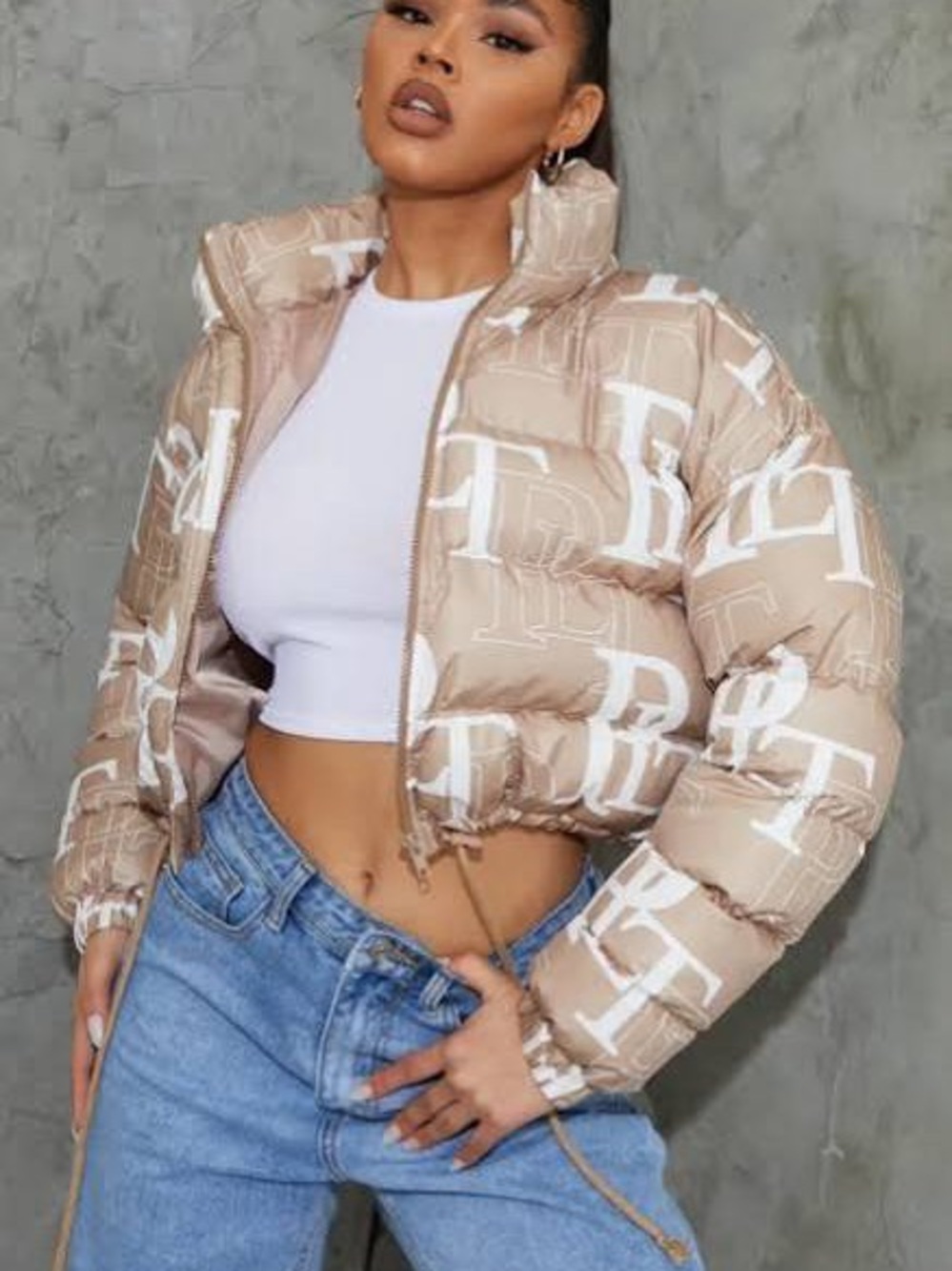 PRETTYLITTLETHING Stone Crop Puffer Jacket Size 4